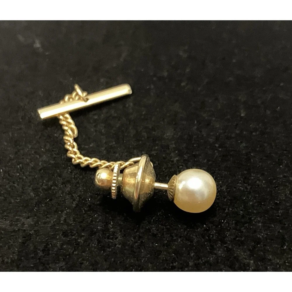 VTG Faux Solitaire Pearl Gold Tone Tie Tack & Chain Men’s Estate Jewelry